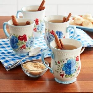 NEW Pioneer Woman Classic Charm Floral Blue Mugs Set of 4